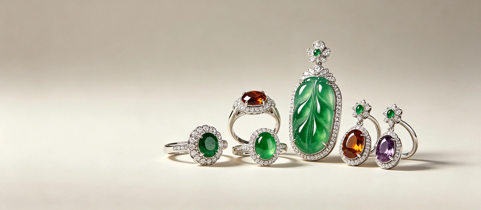 Sterling silver rings, earrings and a jade pendant set with colored gemstones for custom jewelry material selection