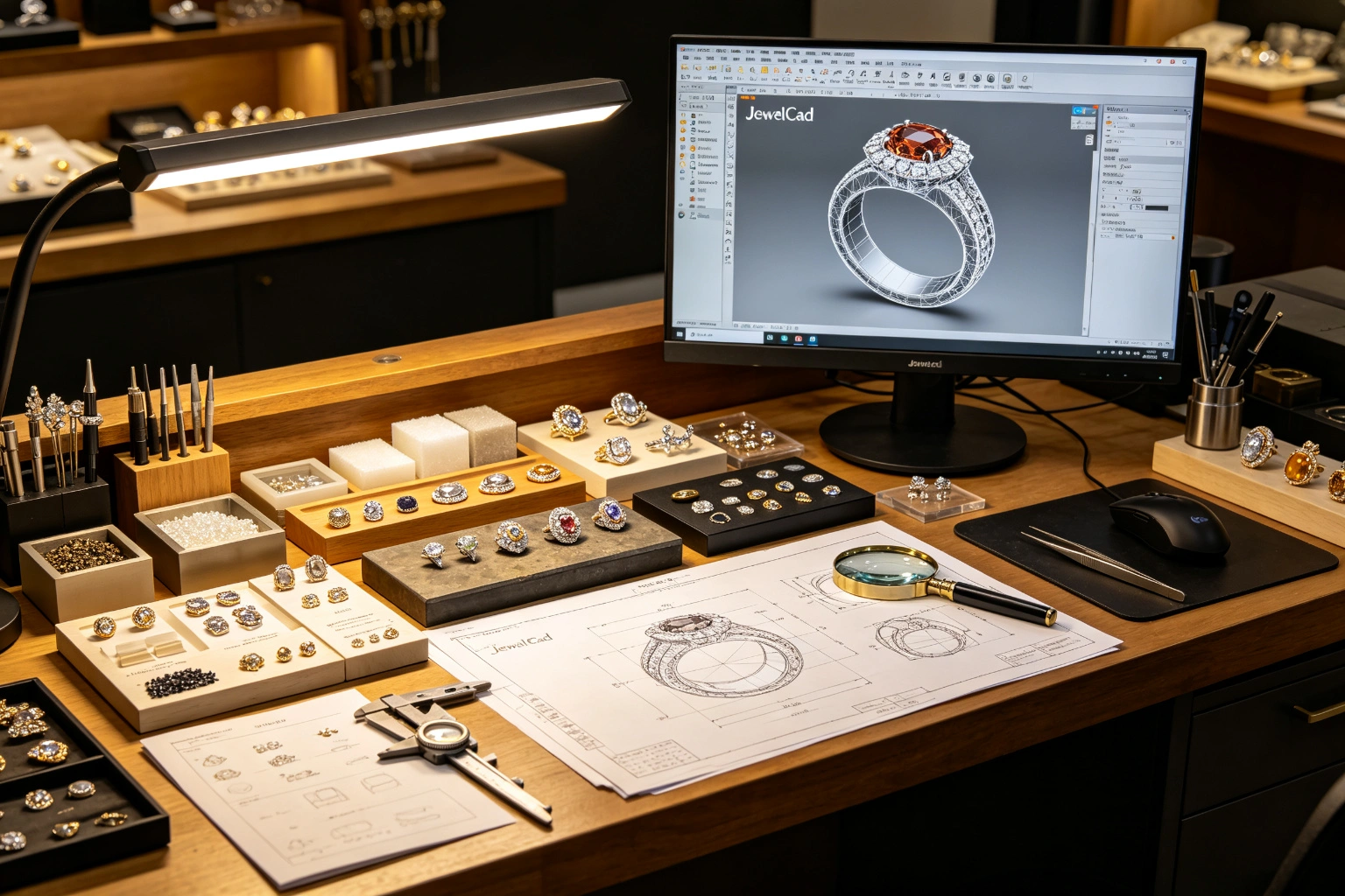 Jewelry CAD design, material samples and finished reference pieces prepared for production alignment
