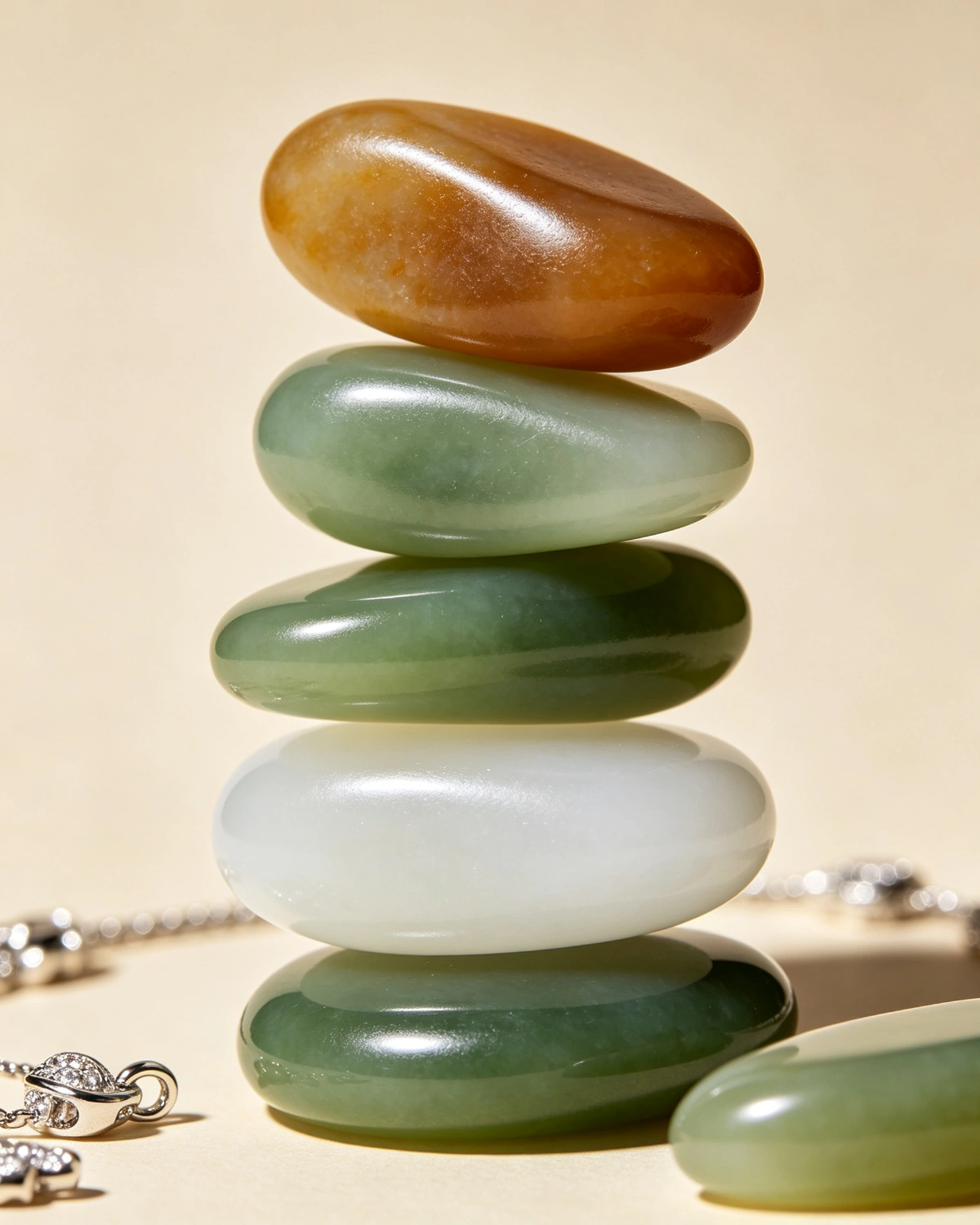 Polished jade samples showing natural variations in color, texture and translucency