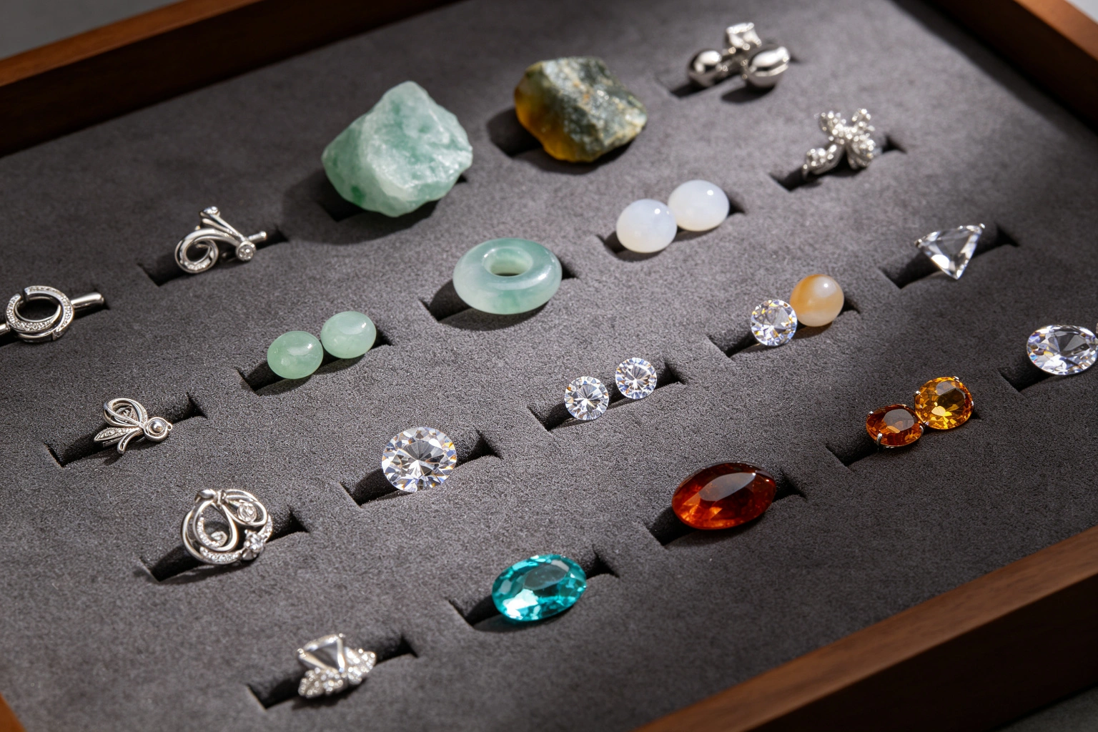 Silver jewelry components, jade pieces and loose gemstone samples arranged for jewelry material selection