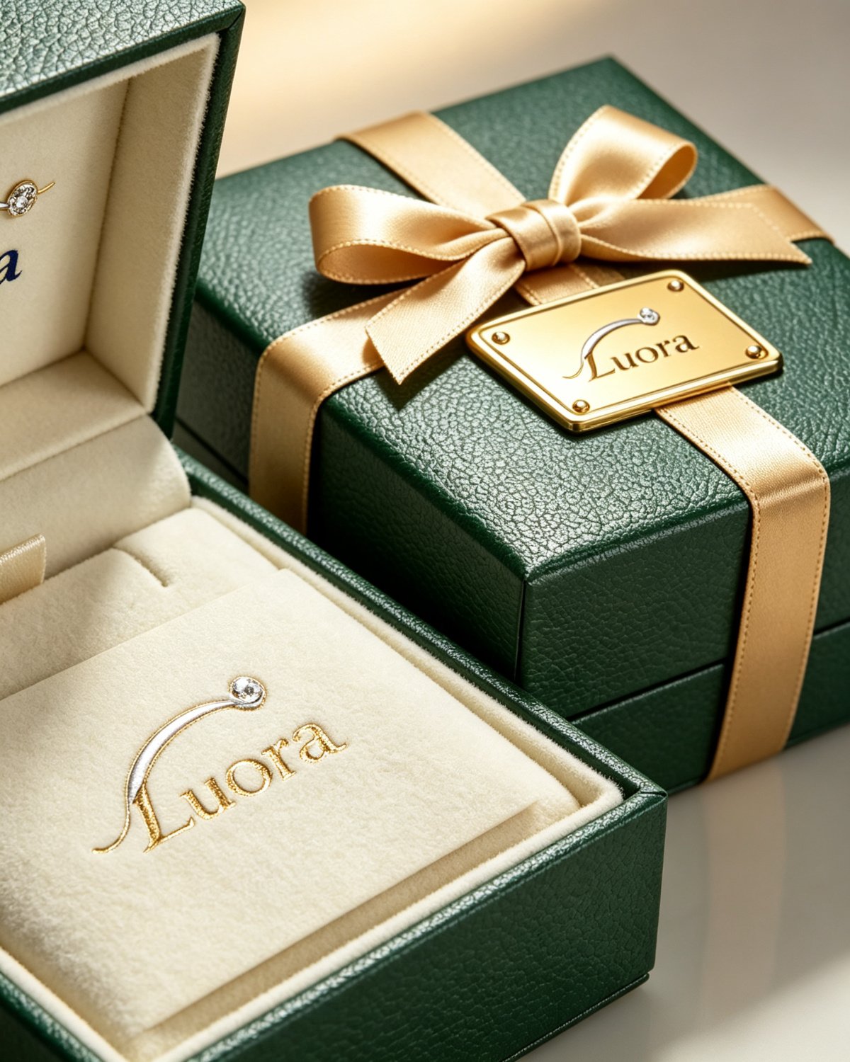 Branded jewelry packaging materials with textured green boxes, velvet inserts, gold ribbon and Luora logo details
