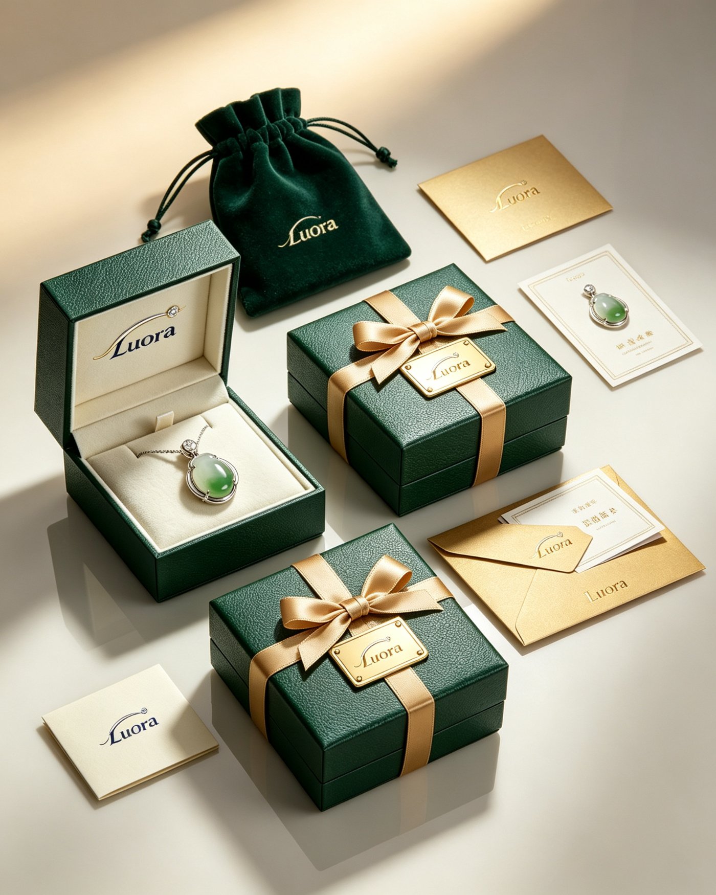 Custom jewelry packaging formats with Luora-branded boxes, velvet pouch, insert cards and a jade pendant