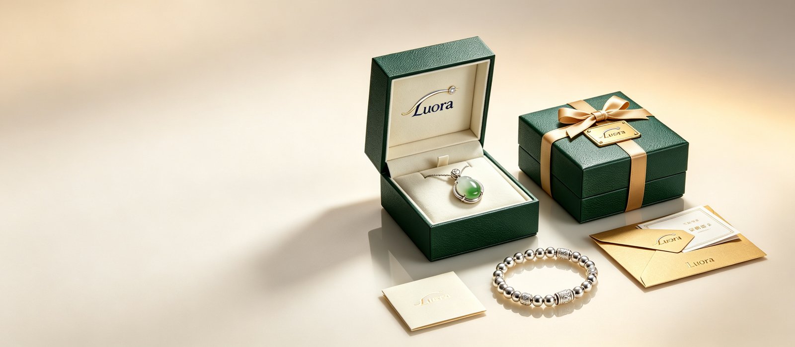 Custom jewelry packaging with Luora branded boxes, a jade pendant, silver bracelet and gift cards
