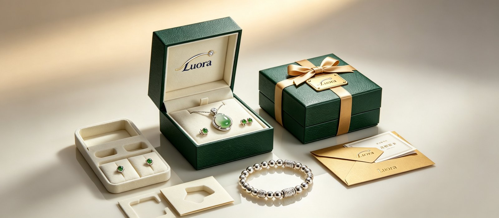 Custom jewelry packaging inserts fitted for a jade pendant, earrings and bracelet in Luora gift boxes