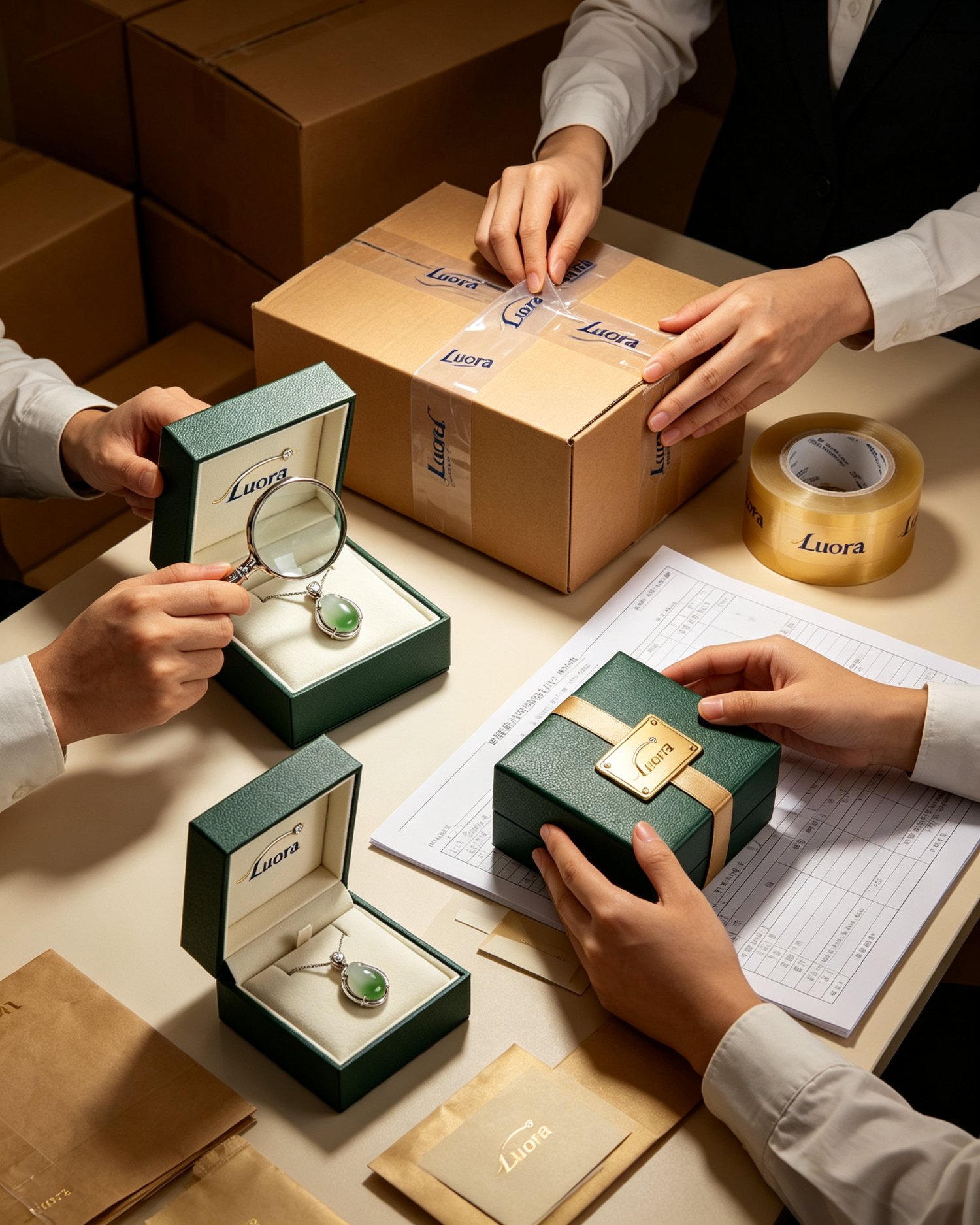 Jewelry packaging quality inspection with Luora branded boxes, jade pendants and final packing checks